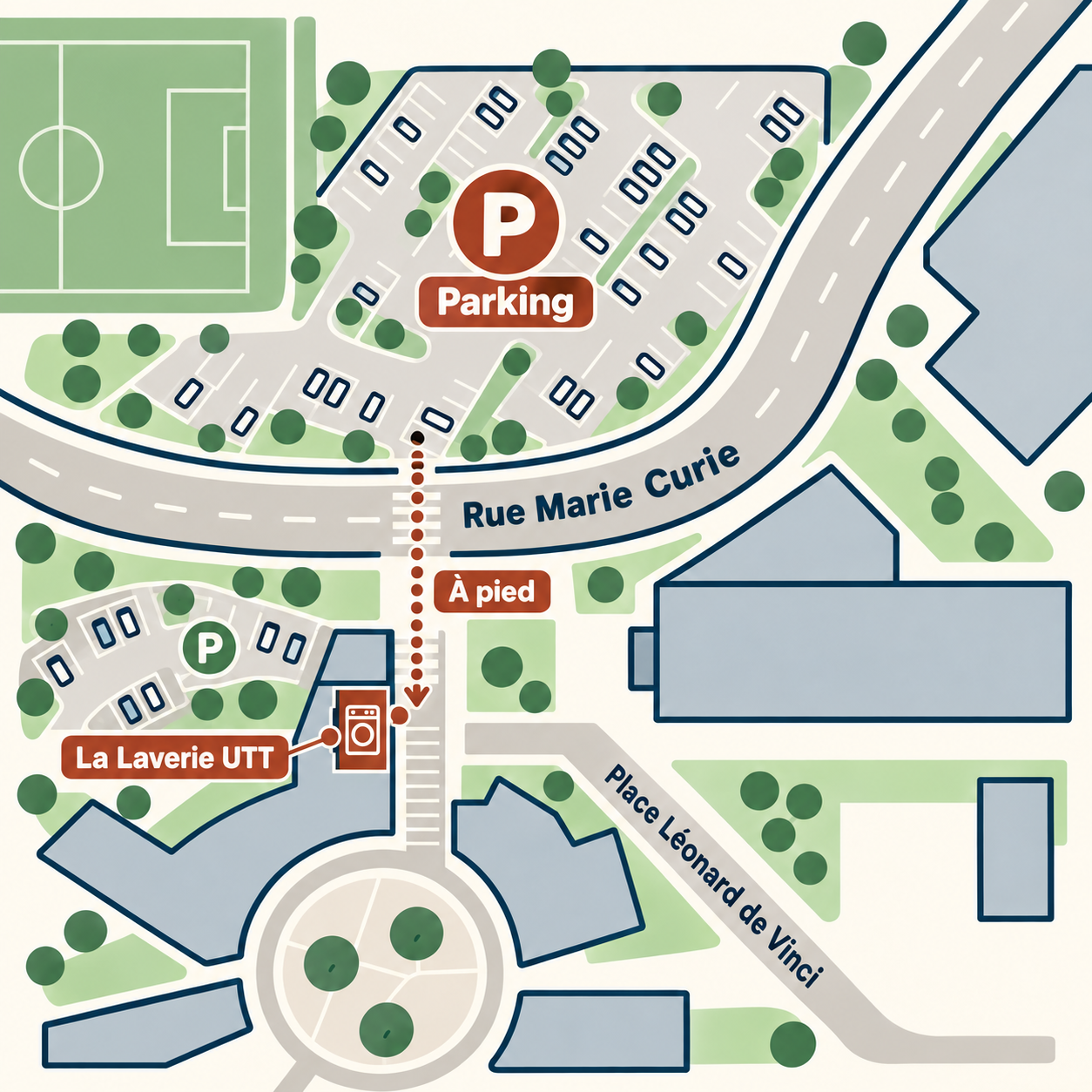 Schéma d’accès : grand parking au nord de la rue Marie Curie, laverie dans le bâtiment en face et second parking à gauche, repéré en vert.