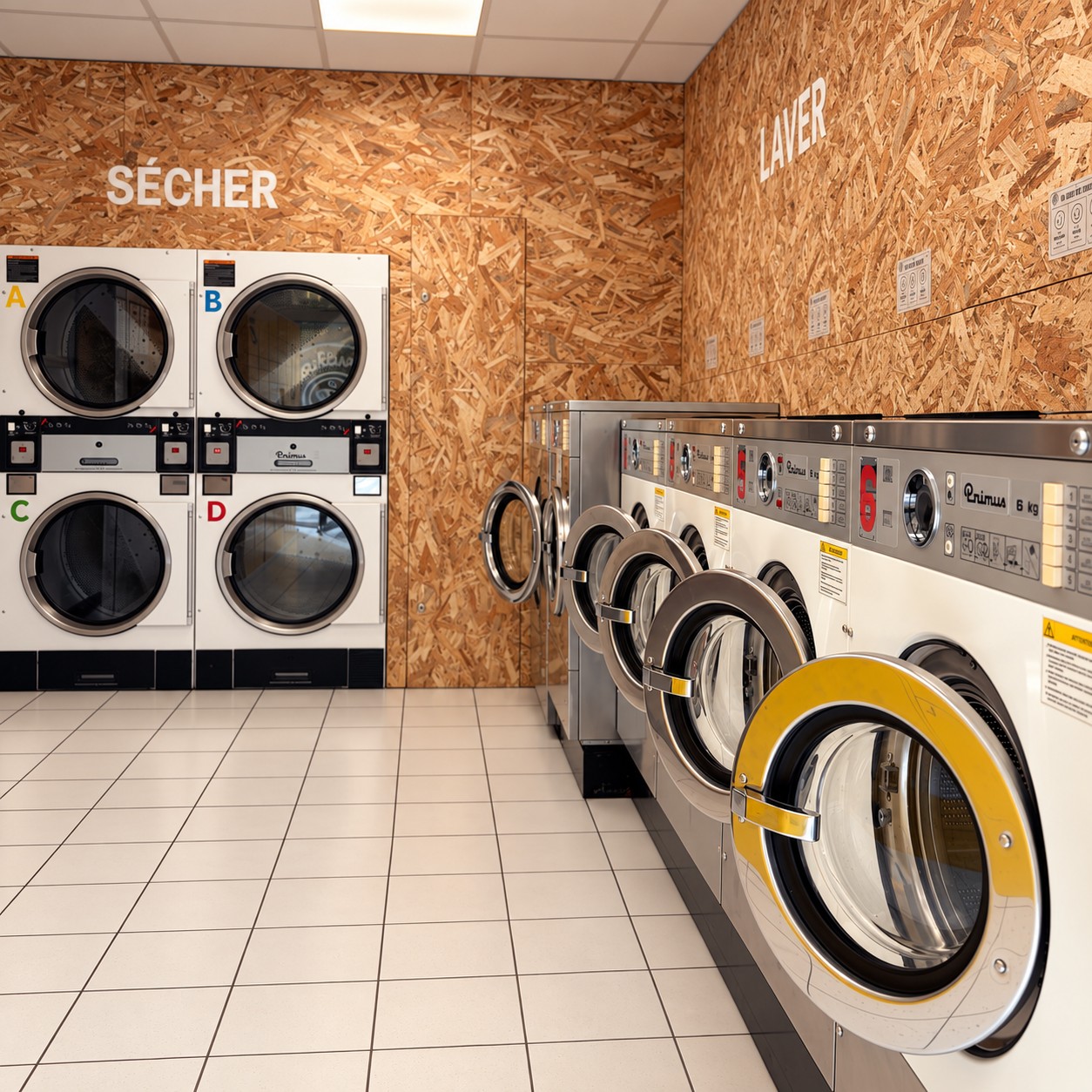 Vue retouchée des machines à laver et des séchoirs de La Laverie UTT